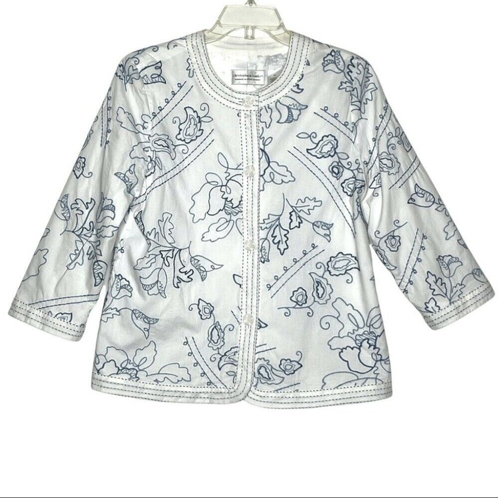 Christopher & Banks Women's Blazer Jacket Blue White 3/4 Sleeves Casual Classic